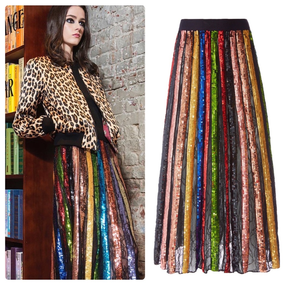 ALICE + OLIVIA Tianna Striped Sequin Midi Skirt